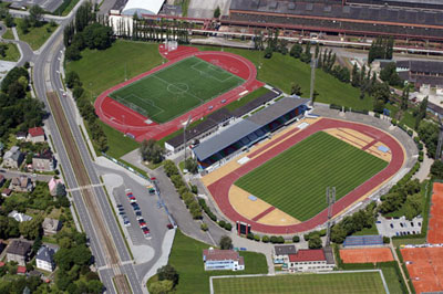 Letecký pohled na městský stadion v Ostravě